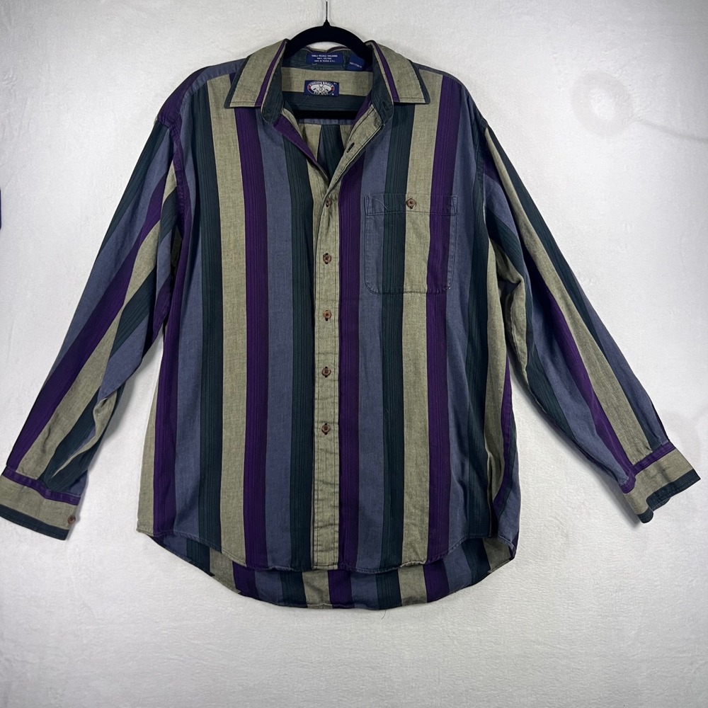 Vintage Knights Bridge Mens Striped Button Down Shirt Purple Green Cotton M